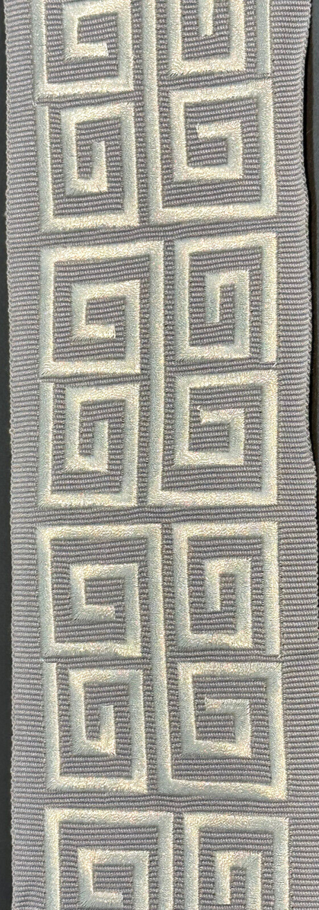 Fabricut Embroidery Silver Double Greek Key Trim Tape - Silver With White/Off White Embroidery Design, 3" Width (1 Yard)