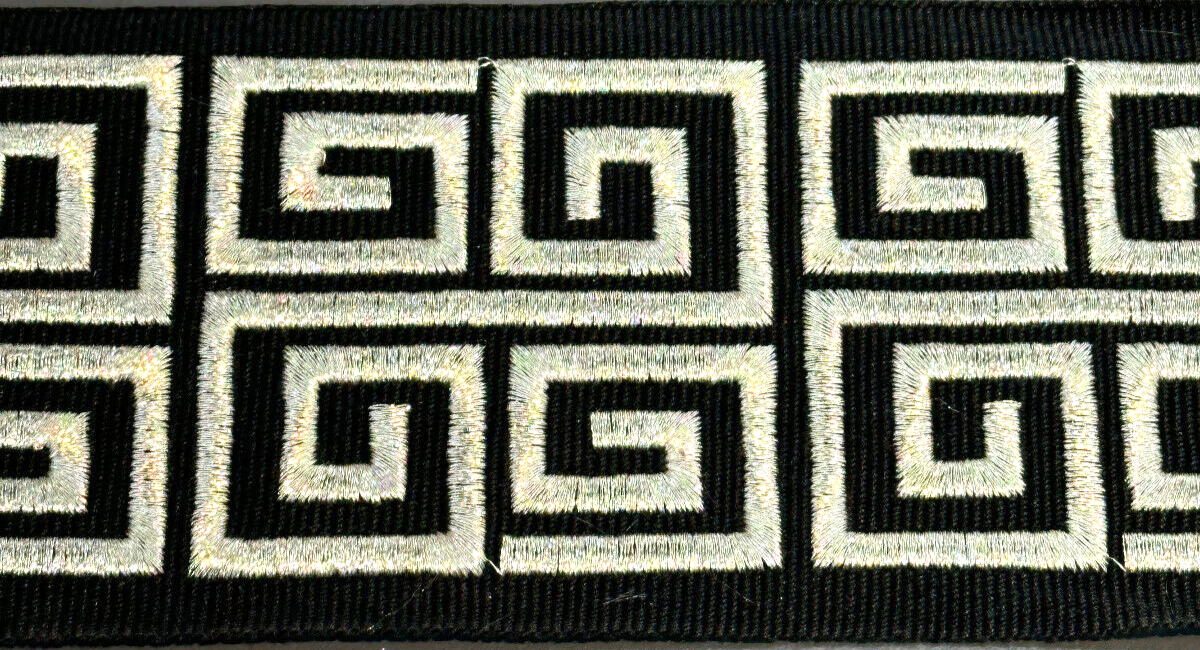 Fabricut Embroidery Trim Tape - Silver Embroidery On Black Background, 3" Width, 2" Horizontal Repeat (1 Yard)