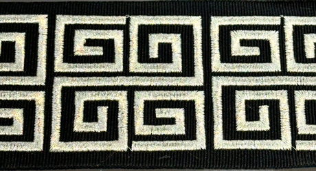Fabricut Embroidery Trim Tape - Silver Embroidery On Black Background, 3" Width, 2" Horizontal Repeat (1 Yard)