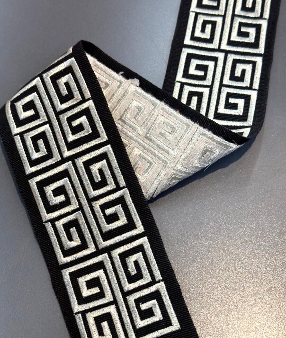 Fabricut Embroidery Trim Tape - Silver Embroidery On Black Background, 3" Width, 2" Horizontal Repeat (1 Yard)