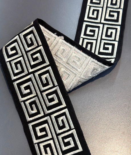 Fabricut Embroidery Trim Tape - Silver Embroidery On Black Background, 3" Width, 2" Horizontal Repeat (1 Yard)