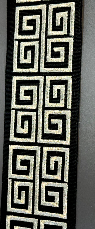 Fabricut Embroidery Trim Tape - Silver Embroidery On Black Background, 3" Width, 2" Horizontal Repeat (1 Yard)