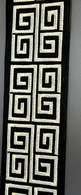 Fabricut Embroidery Trim Tape - Silver Embroidery On Black Background, 3" Width, 2" Horizontal Repeat (1 Yard)
