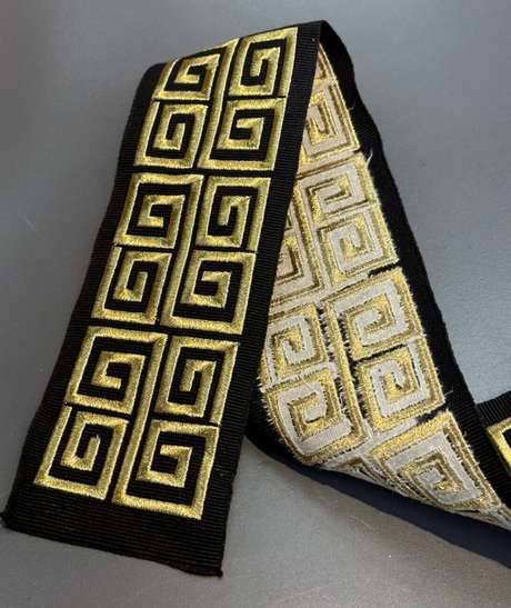 Fabricut Embroidery Gold Black Double Greek Key Trim Tape - Gold Embroidery On Black Background, 3" Width (1 Yard)