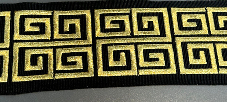 Fabricut Embroidery Gold Black Double Greek Key Trim Tape - Gold Embroidery On Black Background, 3" Width (1 Yard)