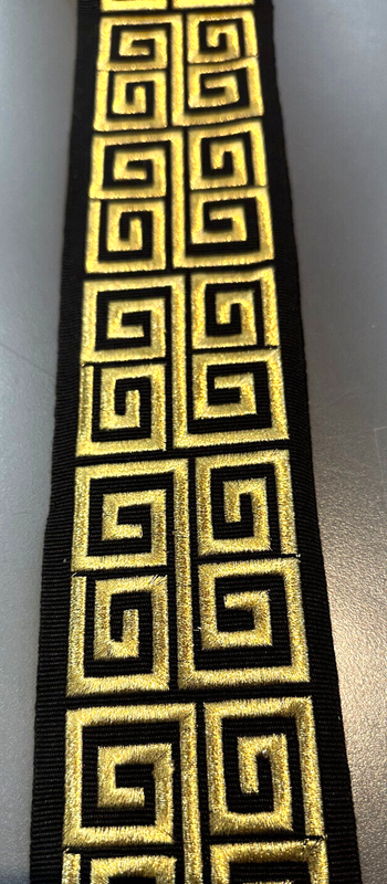 Fabricut Embroidery Gold Black Double Greek Key Trim Tape - Gold Embroidery On Black Background, 3" Width (1 Yard)