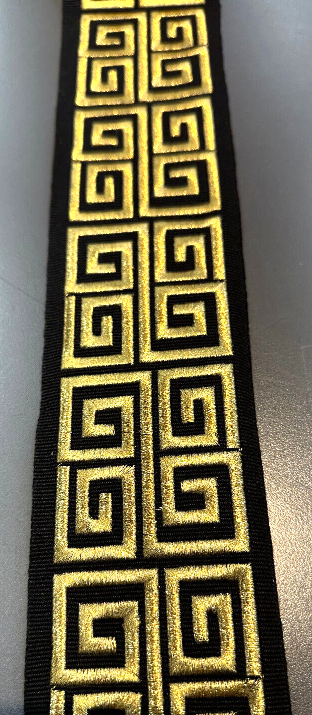 Fabricut Embroidery Gold Black Double Greek Key Trim Tape - Gold Embroidery On Black Background, 3" Width (1 Yard)