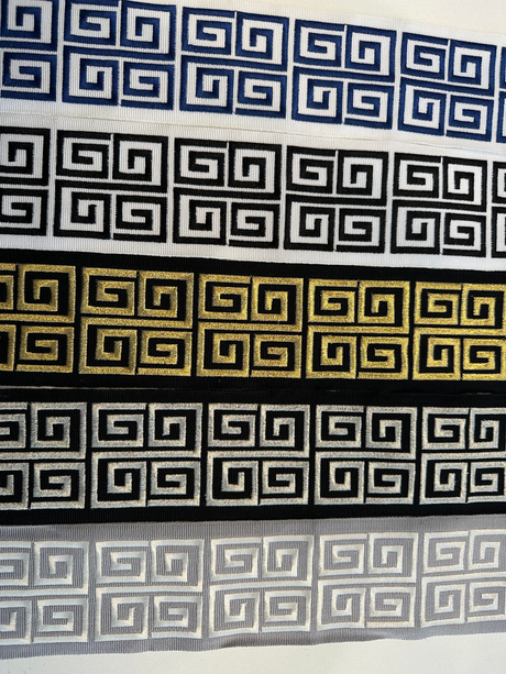 Fabricut Embroidery Gold Black Double Greek Key Trim Tape - Gold Embroidery On Black Background, 3" Width (1 Yard)