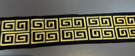 Fabricut Embroidery Gold Black Double Greek Key Trim Tape - Gold Embroidery On Black Background, 3" Width (1 Yard)