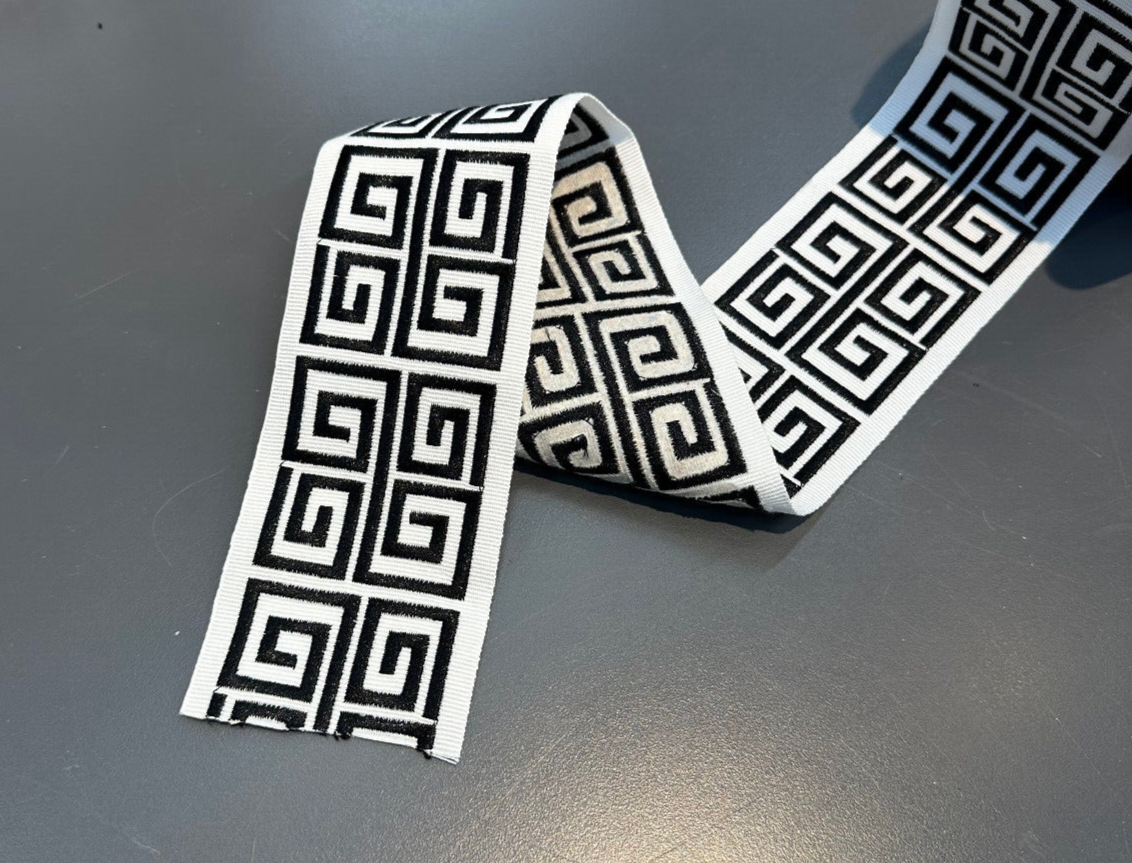 Fabricut Embroidery Trim Tape - White Black Double Greek Key, 3" Width (1 Yard)