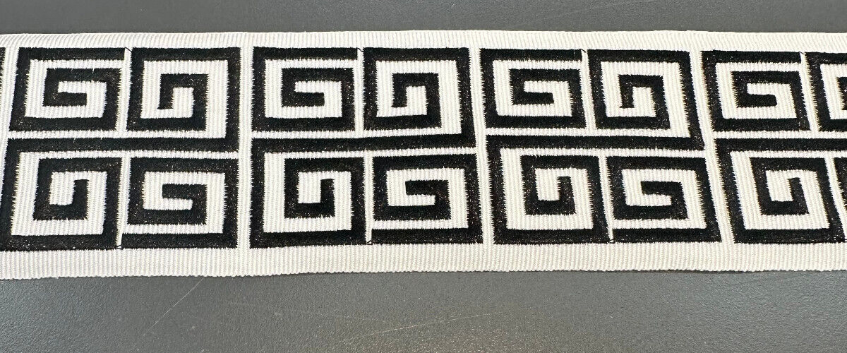 Fabricut Embroidery Trim Tape - White Black Double Greek Key, 3" Width (1 Yard)