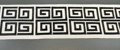 Fabricut Embroidery Trim Tape - White Black Double Greek Key, 3" Width (1 Yard)