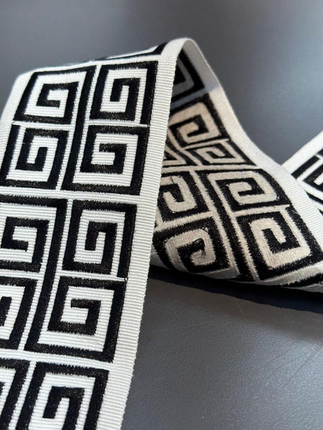 Fabricut Embroidery Trim Tape - White Black Double Greek Key, 3" Width (1 Yard)