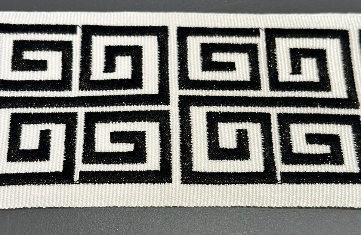 Fabricut Embroidery Trim Tape - White Black Double Greek Key, 3" Width (1 Yard)