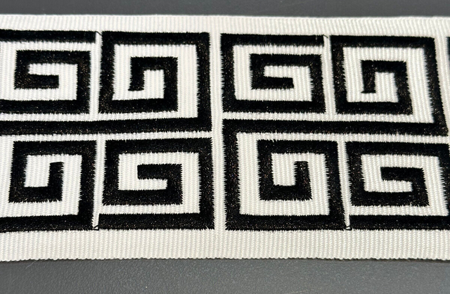 Fabricut Embroidery Trim Tape - White Black Double Greek Key, 3" Width (1 Yard)