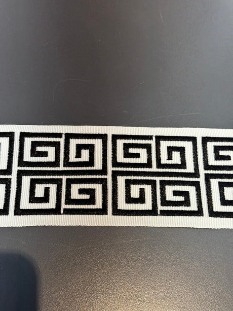 Fabricut Embroidery Trim Tape - White Black Double Greek Key, 3" Width (1 Yard)