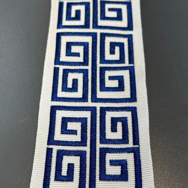 Fabricut Embroidery Trim Tape Fabric - Blue White Double Greek Key, 3" Width (1 Yard)