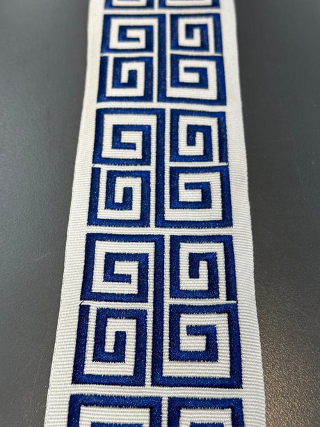 Fabricut Embroidery Trim Tape Fabric - Blue White Double Greek Key, 3" Width (1 Yard)