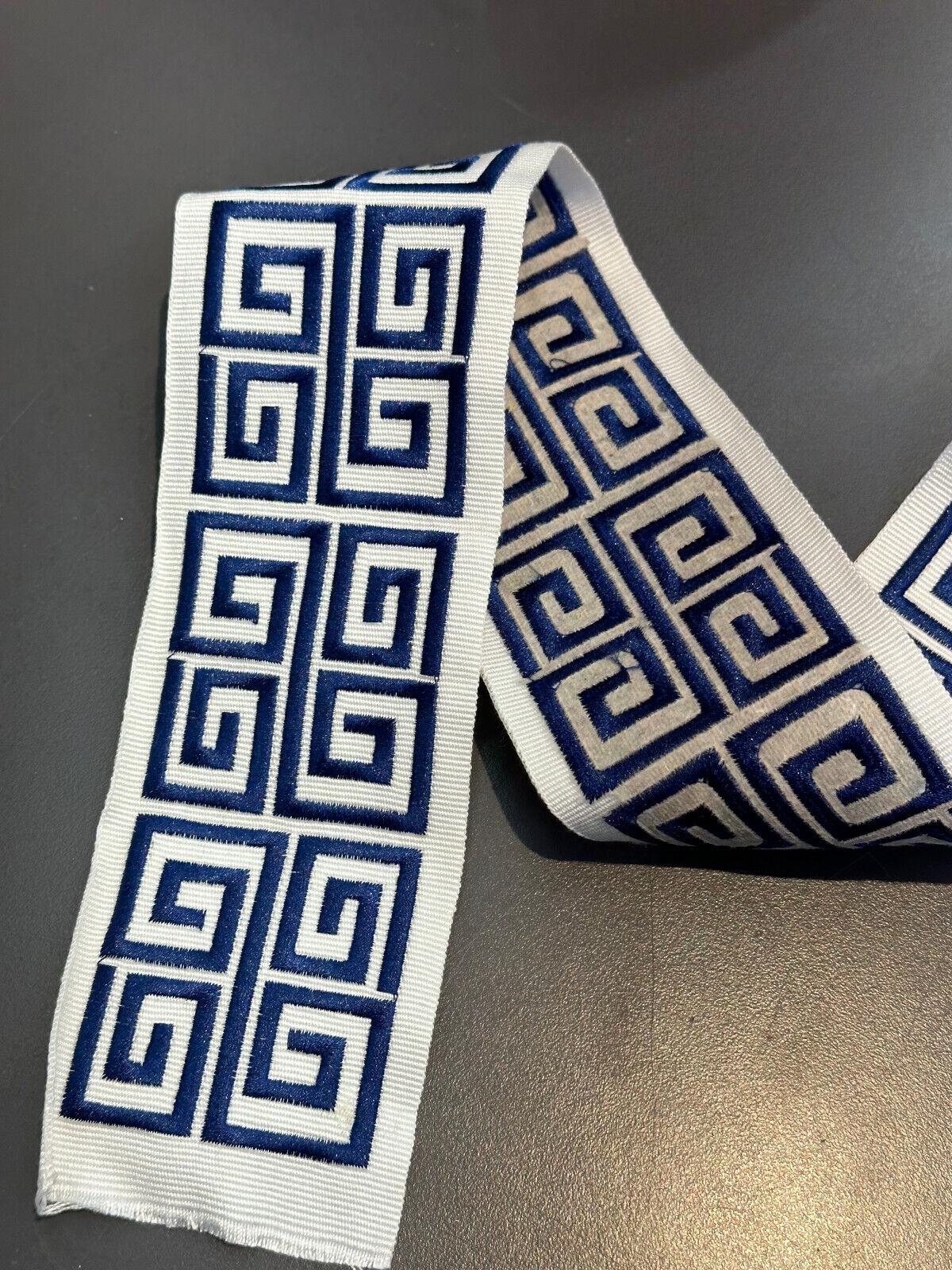 Fabricut Embroidery Trim Tape Fabric - Blue White Double Greek Key, 3" Width (1 Yard)