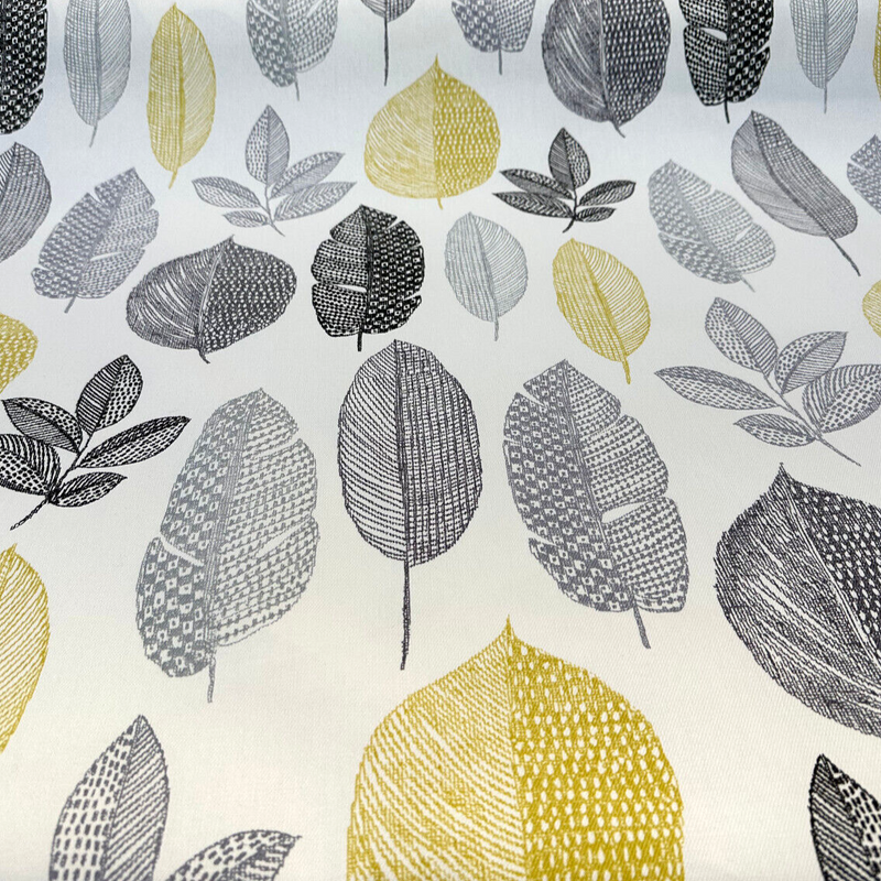Rynell Mercury Leaves Cotton Fabric - Off White With Gray, Black, Yellow Leaves, 54" Width (1 Yard)