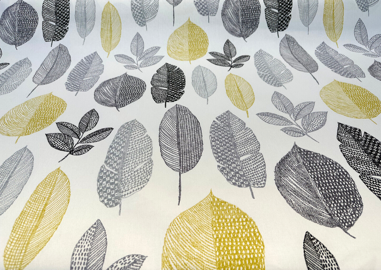 Rynell Mercury Leaves Cotton Fabric - Off White With Gray, Black, Yellow Leaves, 54" Width (1 Yard)