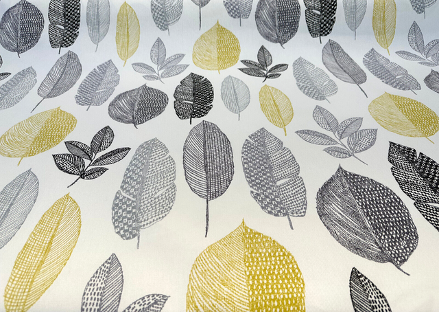 Rynell Mercury Leaves Cotton Fabric - Off White With Gray, Black, Yellow Leaves, 54" Width (1 Yard)