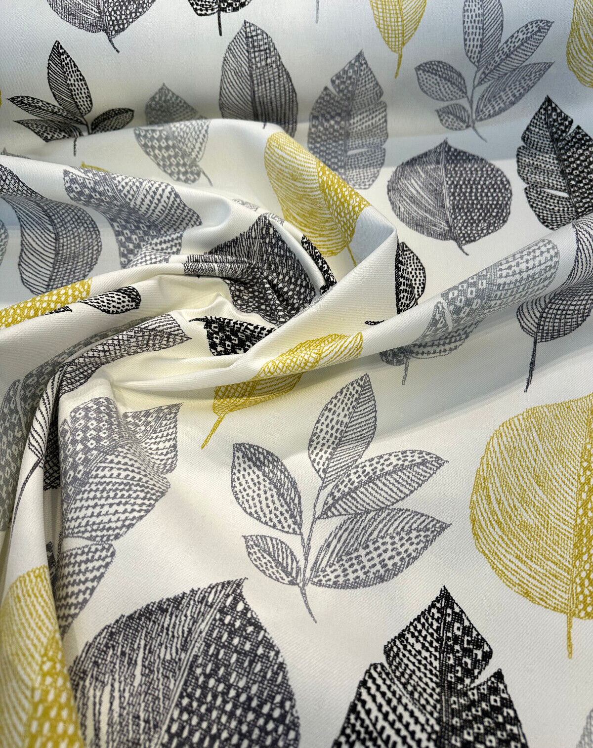 Rynell Mercury Leaves Cotton Fabric - Off White With Gray, Black, Yellow Leaves, 54" Width (1 Yard)