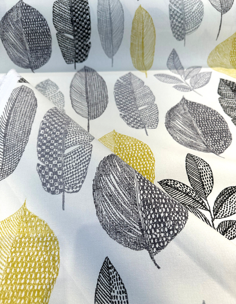 Rynell Mercury Leaves Cotton Fabric - Off White With Gray, Black, Yellow Leaves, 54" Width (1 Yard)