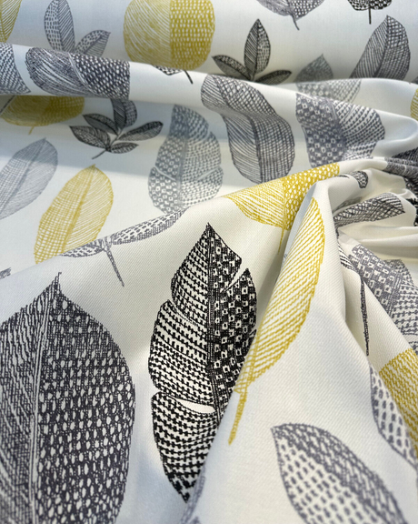 Rynell Mercury Leaves Cotton Fabric - Off White With Gray, Black, Yellow Leaves, 54" Width (1 Yard)