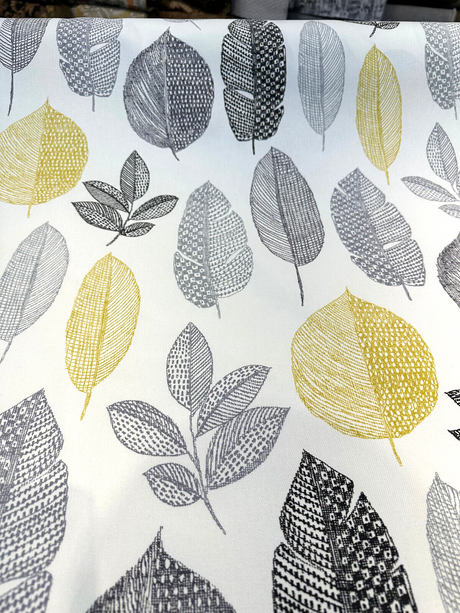 Rynell Mercury Leaves Cotton Fabric - Off White With Gray, Black, Yellow Leaves, 54" Width (1 Yard)