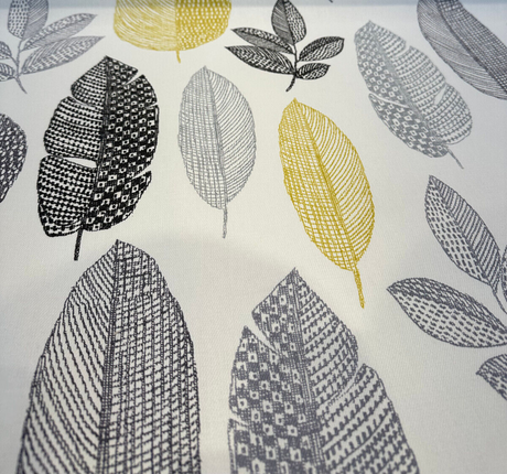 Rynell Mercury Leaves Cotton Fabric - Off White With Gray, Black, Yellow Leaves, 54" Width (1 Yard)
