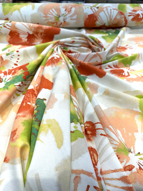 Richloom Watercolor Spring Waldman Cotton Fabric - Orange Coral Green Watercolor Floral, 57" Width (By The Yard)