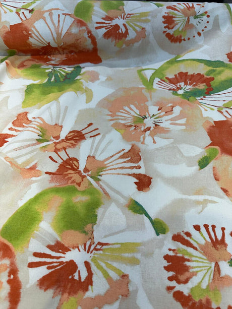 Richloom Watercolor Spring Waldman Cotton Fabric - Orange Coral Green Watercolor Floral, 57" Width (By The Yard)