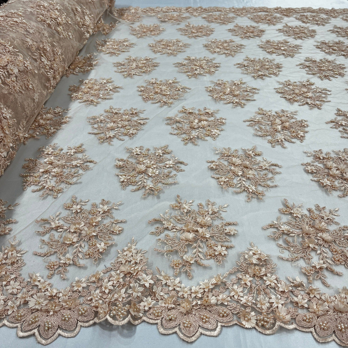 Beaded 3D Floral Lace Fabric - 3D Floral Beaded Embroidery, 50" Wide (1 Yard)