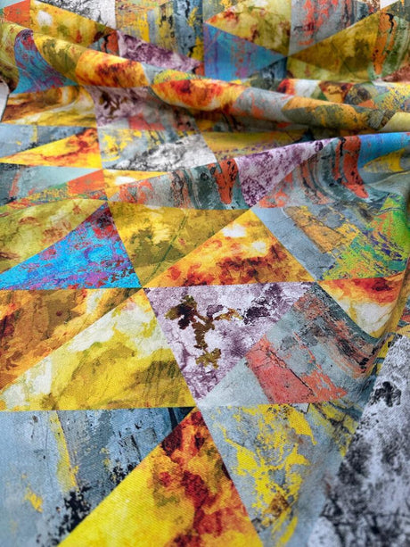 Oslo Cool Warm Triangle Tones Cotton Duck Fabric - Blue Orange Yellow Green White Brown Repeating Triangles, 54" Width (1 Yard)
