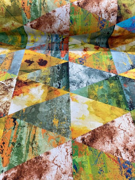 Oslo Cool Warm Triangle Tones Cotton Duck Fabric - Blue Orange Yellow Green White Brown Repeating Triangles, 54" Width (1 Yard)
