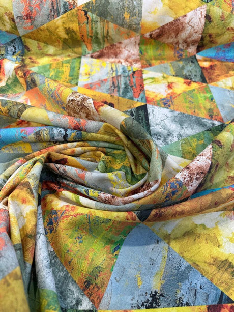 Oslo Cool Warm Triangle Tones Cotton Duck Fabric - Blue Orange Yellow Green White Brown Repeating Triangles, 54" Width (1 Yard)