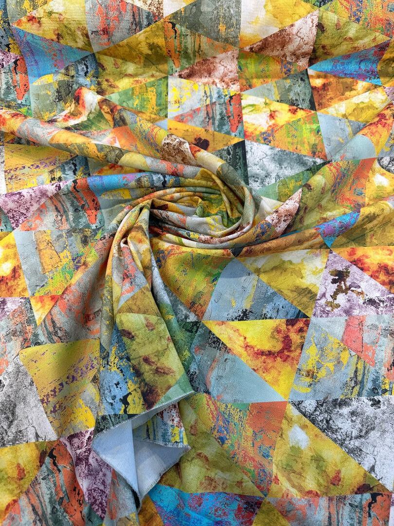 Oslo Cool Warm Triangle Tones Cotton Duck Fabric - Blue Orange Yellow Green White Brown Repeating Triangles, 54" Width (1 Yard)