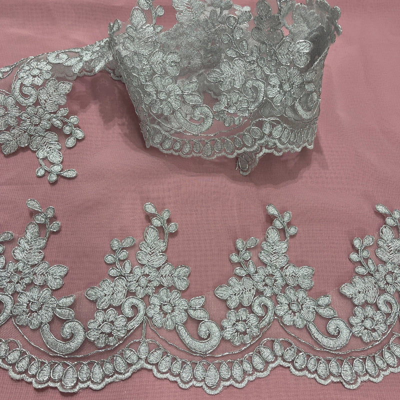 Corded Lace Trimming Embroidered On 100 Percent Polyester Net Mesh Fabric - Floral Lace Trim, 4" Wide (1 Yard)
