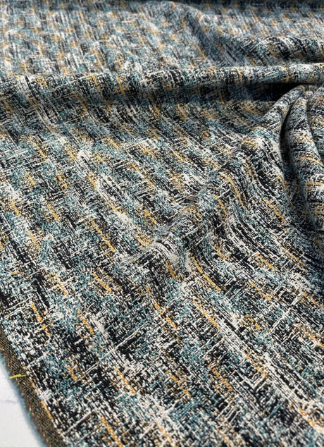 Valles Shoreline Chenille Fabric - Black With Hints Of Light Blue And Orange, 56" Width, Vertical Repeat 15.25", Horizontal Repeat 13.25", Non-Railroaded (1 Yard)