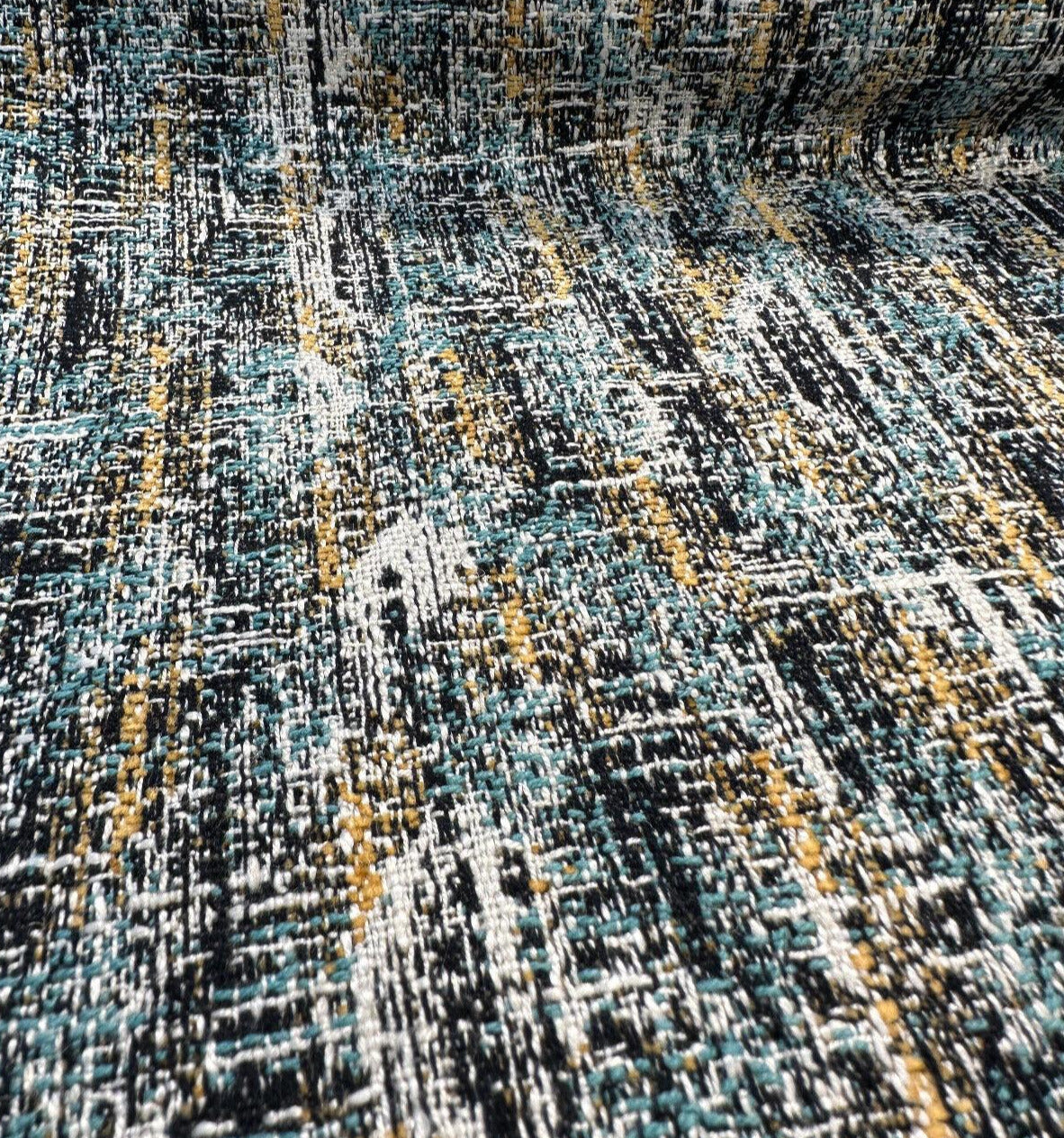 Valles Shoreline Chenille Fabric - Black With Hints Of Light Blue And Orange, 56" Width, Vertical Repeat 15.25", Horizontal Repeat 13.25", Non-Railroaded (1 Yard)