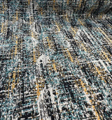 Valles Shoreline Chenille Fabric - Black With Hints Of Light Blue And Orange, 56" Width, Vertical Repeat 15.25", Horizontal Repeat 13.25", Non-Railroaded (1 Yard)