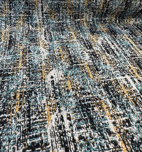 Valles Shoreline Chenille Fabric - Black With Hints Of Light Blue And Orange, 56" Width, Vertical Repeat 15.25", Horizontal Repeat 13.25", Non-Railroaded (1 Yard)