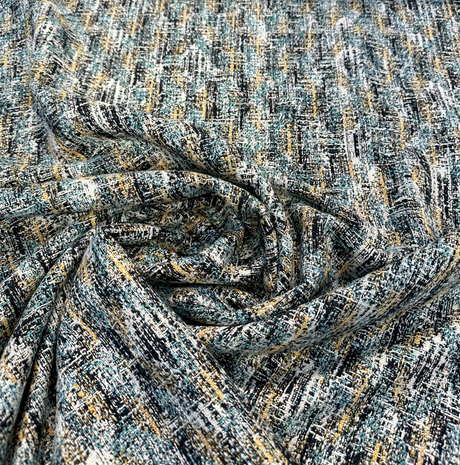 Valles Shoreline Chenille Fabric - Black With Hints Of Light Blue And Orange, 56" Width, Vertical Repeat 15.25", Horizontal Repeat 13.25", Non-Railroaded (1 Yard)