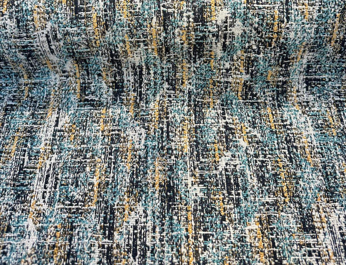 Valles Shoreline Chenille Fabric - Black With Hints Of Light Blue And Orange, 56" Width, Vertical Repeat 15.25", Horizontal Repeat 13.25", Non-Railroaded (1 Yard)