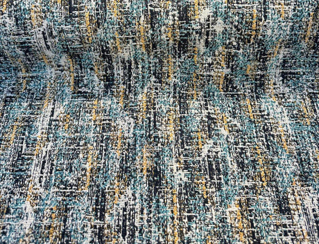 Valles Shoreline Chenille Fabric - Black With Hints Of Light Blue And Orange, 56" Width, Vertical Repeat 15.25", Horizontal Repeat 13.25", Non-Railroaded (1 Yard)