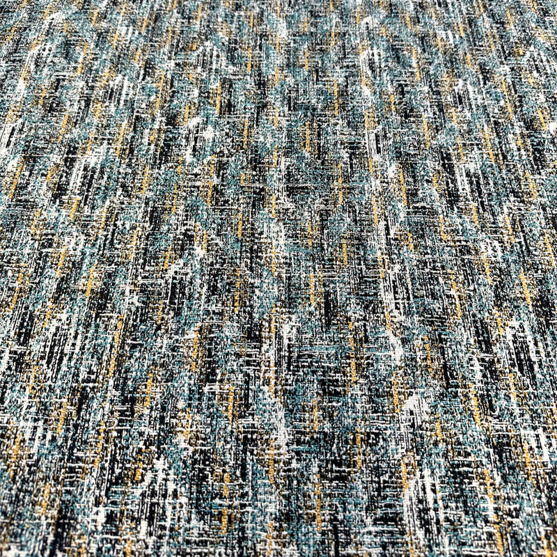 Valles Shoreline Chenille Fabric - Black With Hints Of Light Blue And Orange, 56" Width, Vertical Repeat 15.25", Horizontal Repeat 13.25", Non-Railroaded (1 Yard)