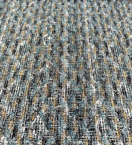 Valles Shoreline Chenille Fabric - Black With Hints Of Light Blue And Orange, 56" Width, Vertical Repeat 15.25", Horizontal Repeat 13.25", Non-Railroaded (1 Yard)