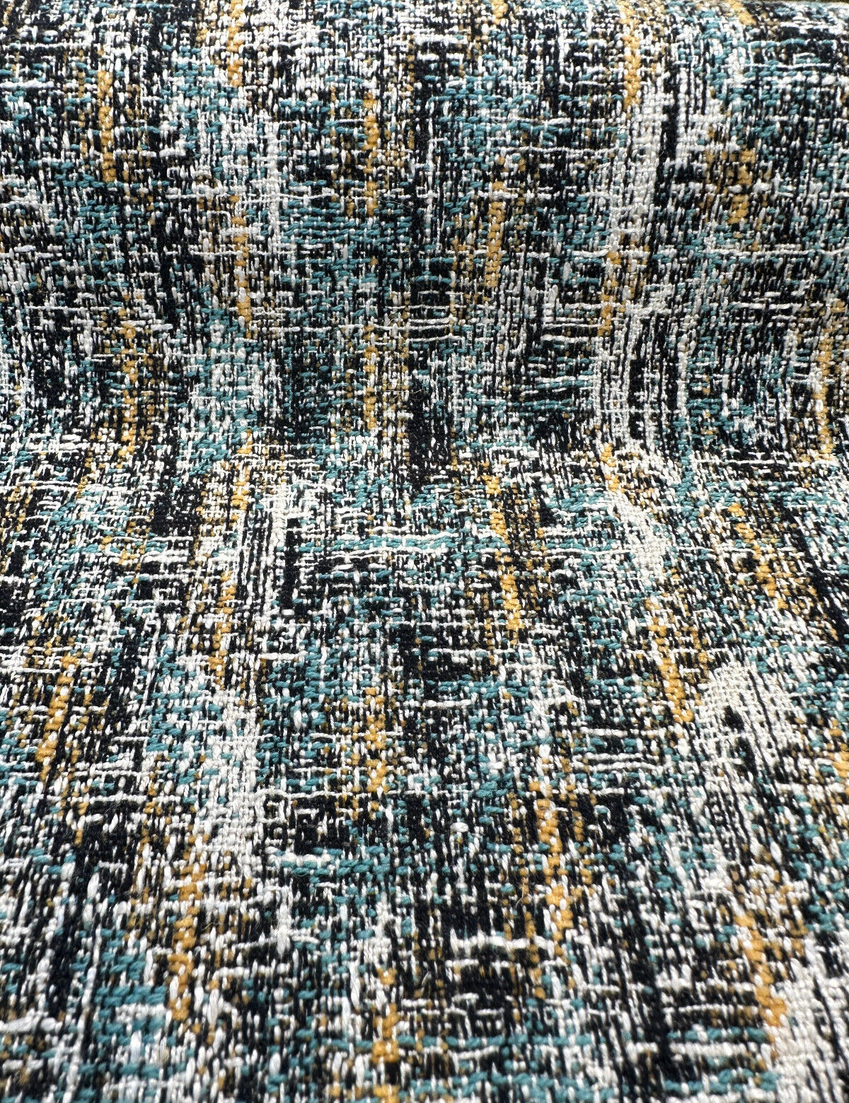 Valles Shoreline Chenille Fabric - Black With Hints Of Light Blue And Orange, 56" Width, Vertical Repeat 15.25", Horizontal Repeat 13.25", Non-Railroaded (1 Yard)
