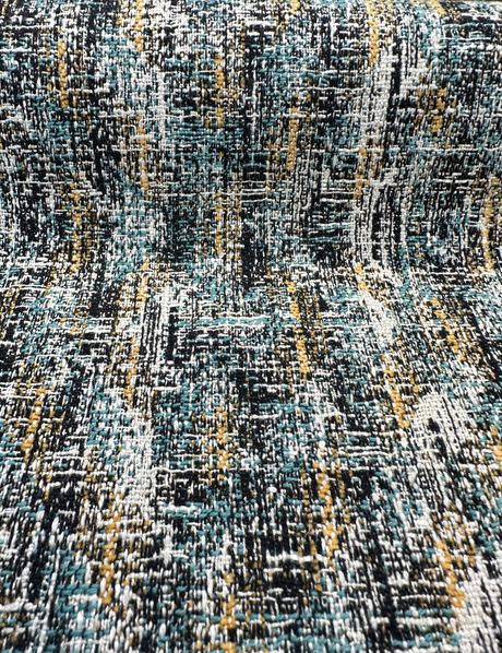 Valles Shoreline Chenille Fabric - Black With Hints Of Light Blue And Orange, 56" Width, Vertical Repeat 15.25", Horizontal Repeat 13.25", Non-Railroaded (1 Yard)